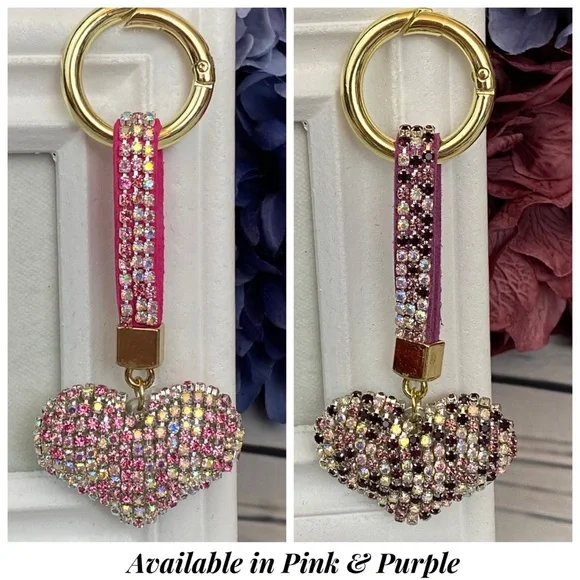 Chic Multicolor Pink Crystal & Leather Heart Keychain - Picture 11 of 11